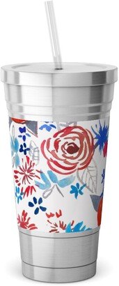 Travel Mugs: Patriotic Watercolor Floral - Red White And Blue Stainless Tumbler With Straw, 18Oz, Multicolor