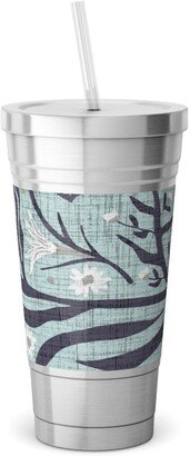 Travel Mugs: Folk Art - Pollinators Stainless Tumbler With Straw, 18Oz, Blue