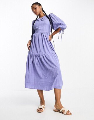 tie sleeve textured midi smock dress in blue