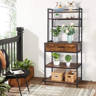 5-Tier Kitchen Bakers Rack with 10 S Hooks and 1 drawer Rustic Brown