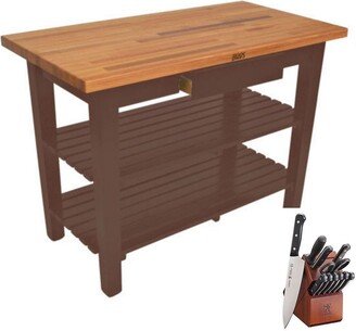 Oak 48x36 Butcher Block w/ 2 Shelves & Henckels Knife Set