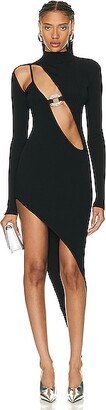 Crystal Buckle Cutout Asymmetrical Knit Dress in Black