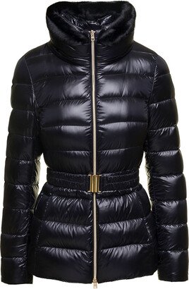 'claudia' Black Down Jacket With Syntetic Fur Trim And Belt In Nylon Woman