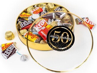 Just Candy 50th Birthday Candy Gift Tin - Plastic Tin with Hershey's Kisses, Hershey's Miniatures & Reese's Peanut Butter Cups