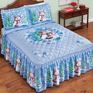 Collections Etc Colorful Snowman Couple In Wreath Ruffled Bedspread