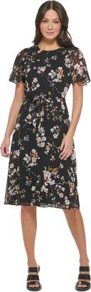 Women's Floral-Printed Godet Short Sleeve Midi