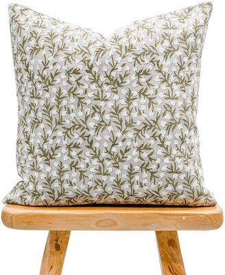 Designer Moss Green Floral Design On Natural Linen Pillow Cover, & White Cover, Boho Pillow, Farmhouse Pillow