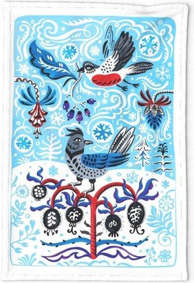 Folk Birds Tea Towel - Winter By Motmagic Holiday Flying Snow Snowflakes Linen Cotton Canvas Spoonflower