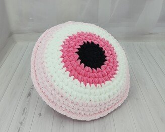 Light Pink Evil Eye Pillow, Crochet Throw Plush Round Charm, Good Luck Gift, Birthday Gift For Her