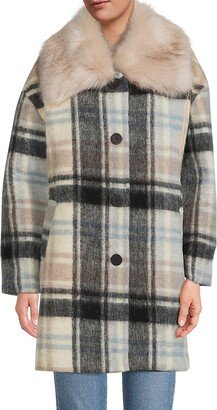 Wool Blend Plaid & Faux Fur Coat