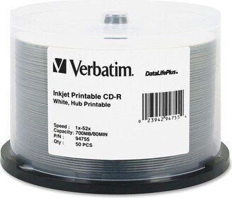 Verbatim CD-R 700MB 52X DataLifePlus White Inkjet Printable, Hub Printable - 50pk Spindle - Printable - Inkjet Printable