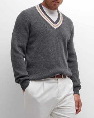 Men's Cashmere Varsity Stripe V-Neck Sweater