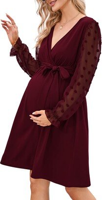 KOJOOIN Women's Maternity Swiss Dot Long Sleeve Wrap Dress