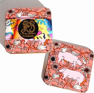 Laura B Interiors Set Of 6 The Coral Country Pig Coasters