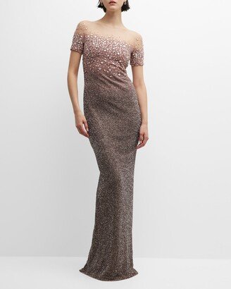 Ombre Signature Sequin Gown with Oversized Crystal Details