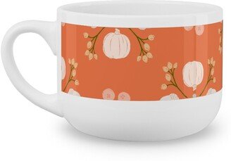 Mugs: Bright Orange Acorn, Cranberry, & Pumpkin Fall Foliage Damask Latte Mug, White, 25Oz, Orange