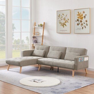 Sunmory L-Shape Sectional Sofas Convertible Sofa Bed, Left Side Lounger with Organizer and Wooden Feet, Ivory