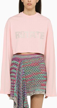 Pink cropped T-shirt with crystals