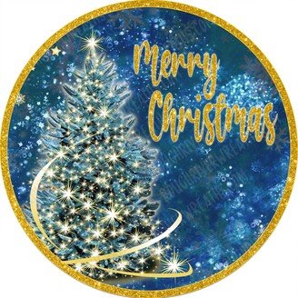 Merry Christmas Wreath Sign, Blue Gold Tree Elegant Sign