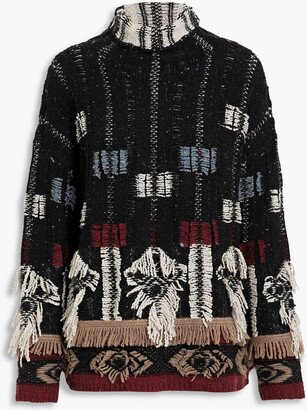 Fringed jacquard-knit merino wool-blend turtleneck sweater