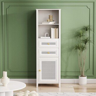 Slim Tall Tower Cabinet, Freestanding Organizer with Rattan Door