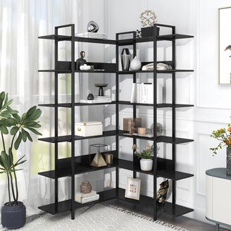 74.8 Inch Bookshelf L-shape MDF Boards Stainless Steel Frame Corner 6-tier Shelves Adjustable Foot Pads