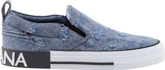 Logo Embossed Distressed Denim Sneakers