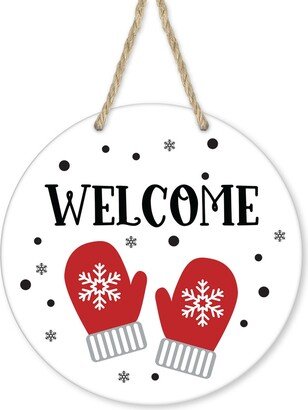 Mittens Welcome Christmas Round Printed Handmade Wood Sign