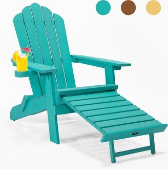 Aoolive Folding Adirondack Chair with Pullout and Cup Holder, Oversized, for Patio Deck Garden, Backyard Furniture, Easy to Install