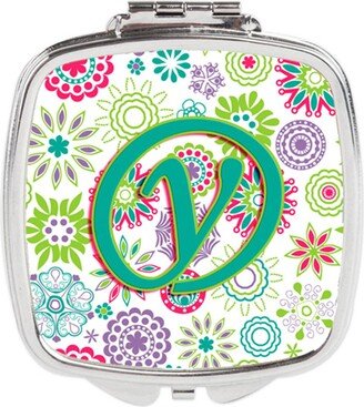 CJ2011-YSCM Letter Y Flowers Pink Teal Green Initial Compact Mirror