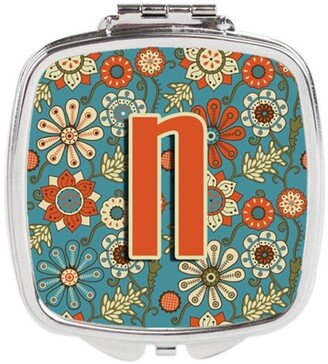 CJ2012-NSCM Letter N Flowers Retro Blue Compact Mirror