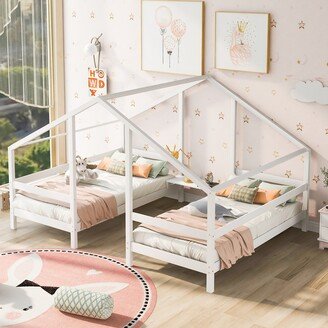 GEROJO Double Twin Triangular House Beds with Built-in Table