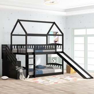 Aoolive Twin Over Twin Bunk Bed with Drawers and Slide, House Bed with Slide