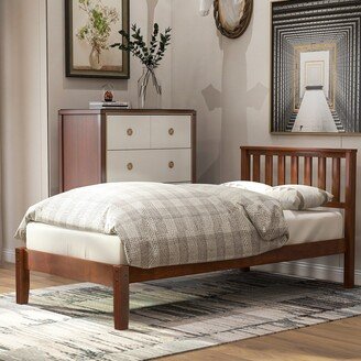 DECO Wood Platform Bed with Headboard/Wood Slat Support，Twin