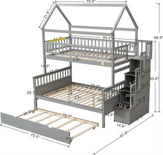 Twin over Full Size House Bunk Bed with Storage Staircase