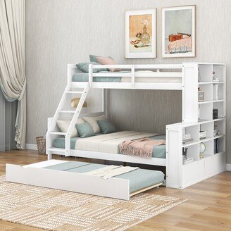 IGEMAN Twin Over Full Wooden Bunk Bed with Trundle, Shelves & Full-Length Guardrails, Can be Separated into 3 Separate Platform Beds