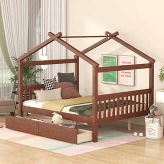 Calnod Full Size Solid Wooden House Bed Frame with Two Drawers and 2 Headboards