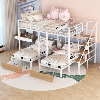 Joliwing Triple Metal Bunk Bed,Full over Twin over Twin Bunk Bed with Drawers,White