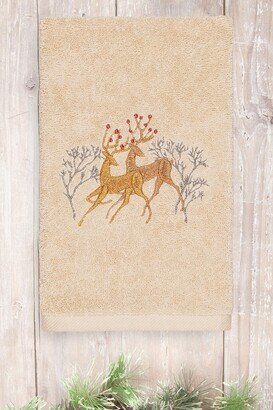 Christmas Deer Pair Embroidered Luxury Turkish Cotton Hand Towel - Sand