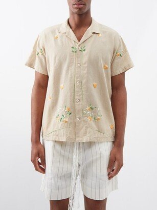 HARAGO Floral-embroidered Cotton Short-sleeved Shirt