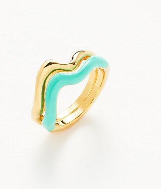 Squiggle Curve Two Tone Enamel Stacking Ring | 18ct Gold Plated Vermeil/Neon Aqua