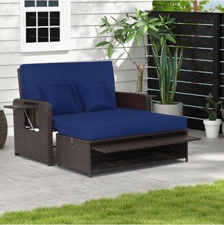 Patio Rattan Loveseat Set Daybed Lounge Storage Ottoman Side Tables Adjust Navy