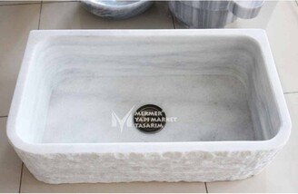 Afyon White Marble Split Face Kitchen Sink - Handcrafted, 100% Natural Stone, Washbasin