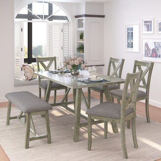 RASOO Eye-Catching 6-Piece Rustic Dining Table Set with Bench and Chairs-AB