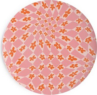 Salad Plates: Trippy Checker - Floral - Pink And Orange Salad Plate, Pink