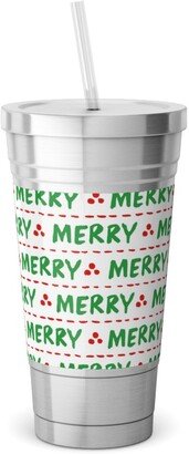 Travel Mugs: Hand Lettered Merry Stainless Tumbler With Straw, 18Oz, Green