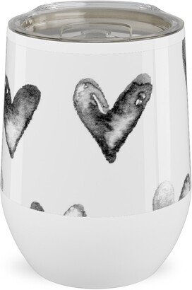 Travel Mugs: Watercolor Hearts - Black And White Stainless Steel Travel Tumbler, 12Oz, Black