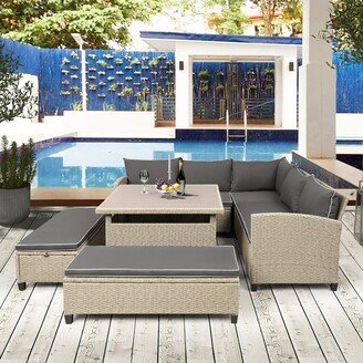 Jims Maison 6-piece Outdoor Rattan Patio Sofa with with Table and Benches