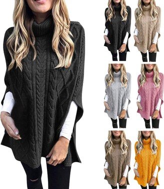 SMIDOW Big Deal Days Women's Turtleneck Sweaters Chunky Cable Knit Pullover 2023 Fall Fashion Side Slit Poncho Sweater Shawl Top Women's Sweater Vests Black XL