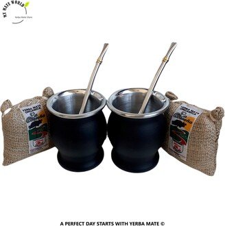 Yerba Mate Sale 2 Stainless Steel Black Cups, Bombillas, Organic Yerbas Bags